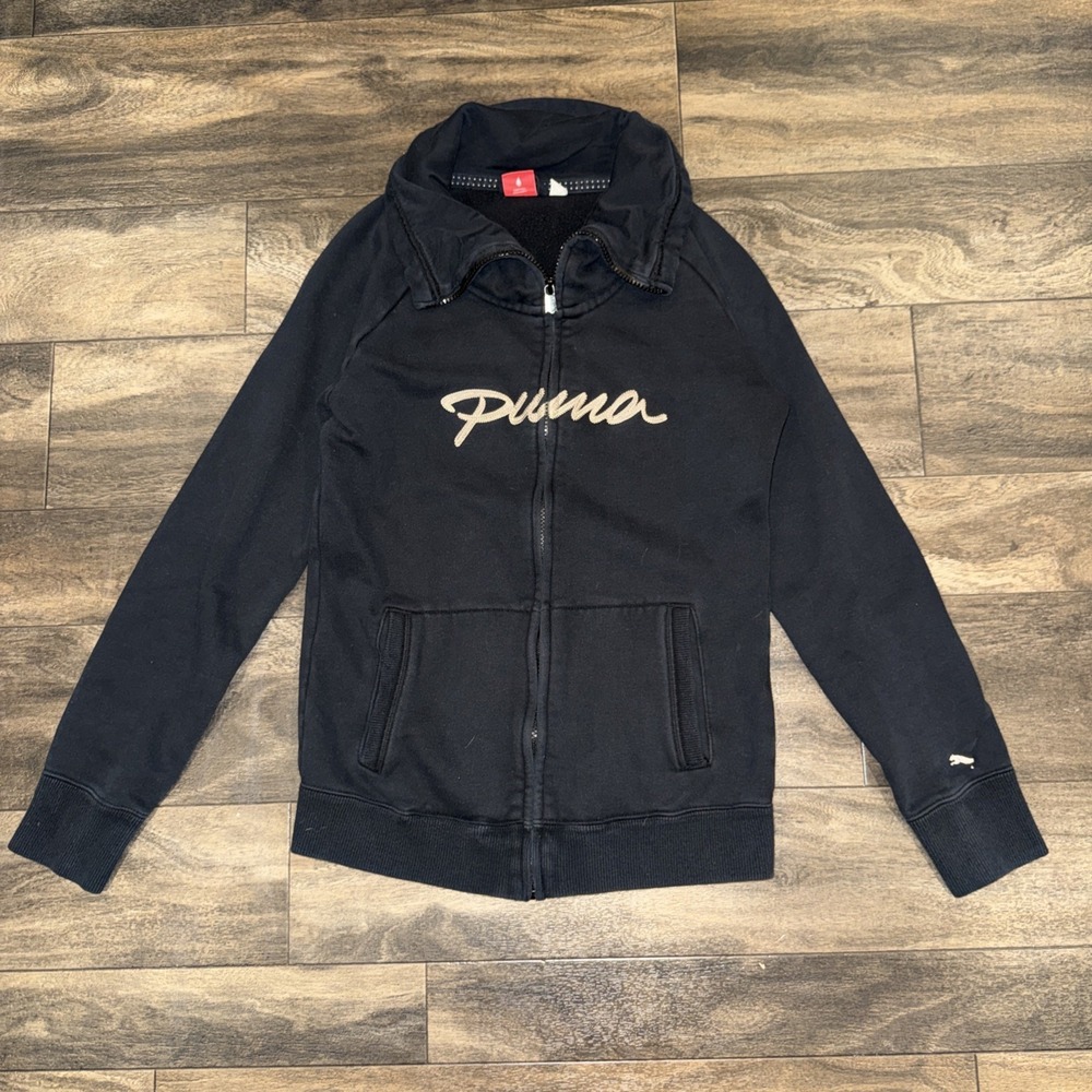 Puma Full-Zip Collared Jacket Embroidered Script Logo Women's Size S Black
